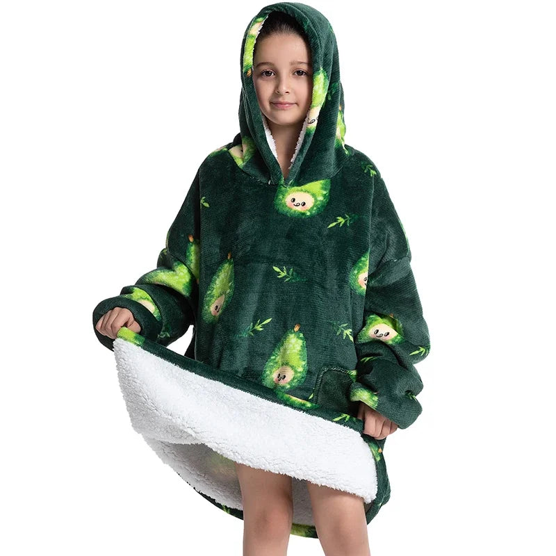 Oversized Wearale Blanket Hoodie Flannel Sherpa Fleece Warm Soft Winter Hoodie Sweatshirt for Kids Adults Snuggle