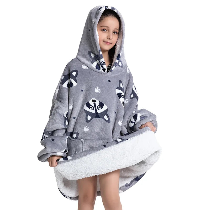 Oversized Wearale Blanket Hoodie Flannel Sherpa Fleece Warm Soft Winter Hoodie Sweatshirt for Kids Adults Snuggle