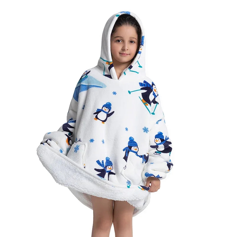 Oversized Wearale Blanket Hoodie Flannel Sherpa Fleece Warm Soft Winter Hoodie Sweatshirt for Kids Adults Snuggle