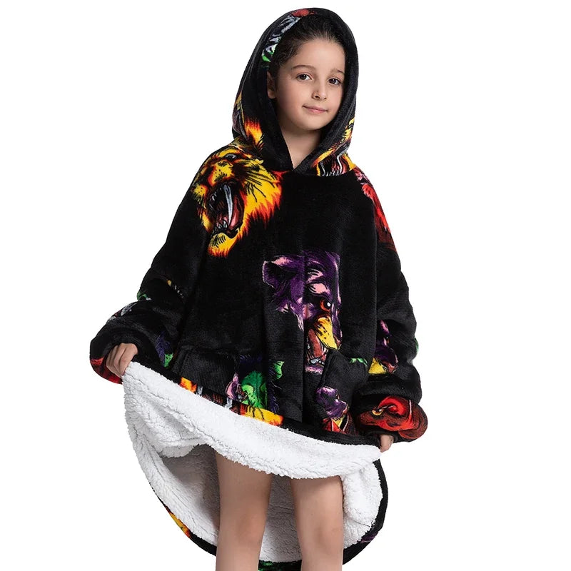 Oversized Wearale Blanket Hoodie Flannel Sherpa Fleece Warm Soft Winter Hoodie Sweatshirt for Kids Adults Snuggle