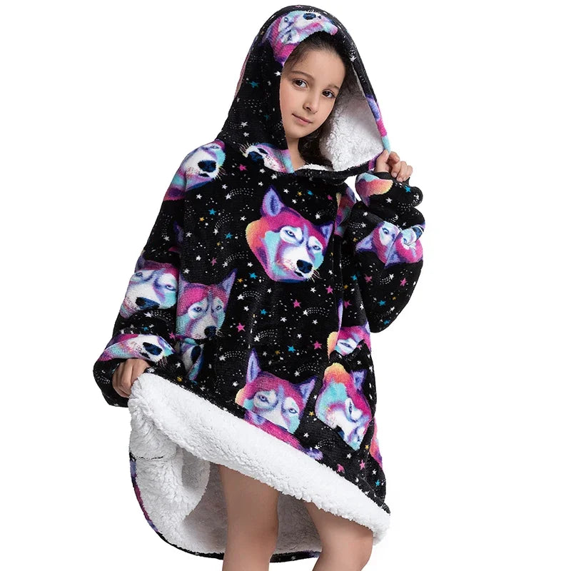 Oversized Wearale Blanket Hoodie Flannel Sherpa Fleece Warm Soft Winter Hoodie Sweatshirt for Kids Adults Snuggle