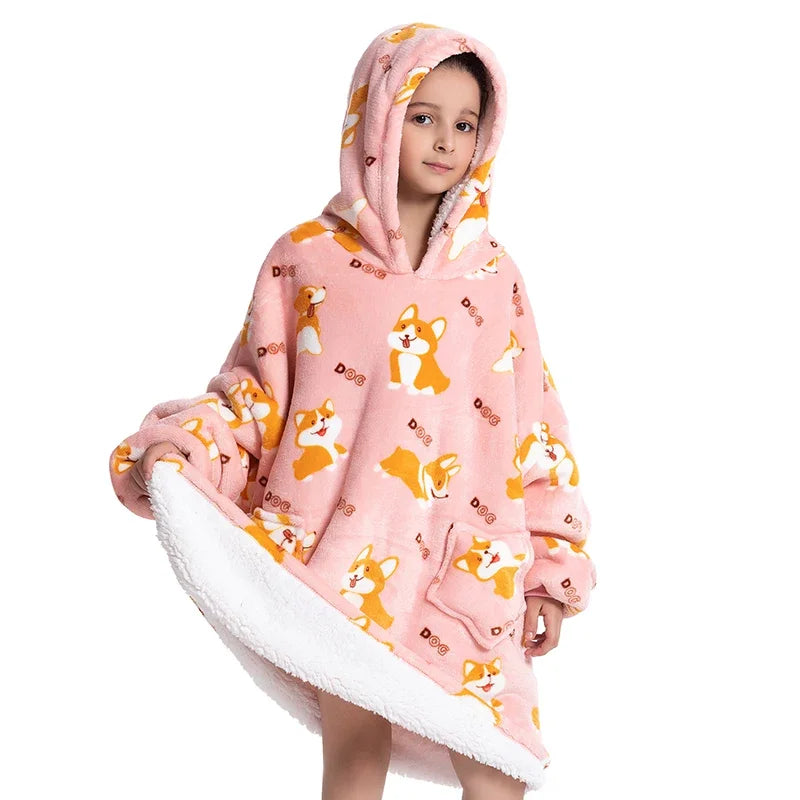 Oversized Wearale Blanket Hoodie Flannel Sherpa Fleece Warm Soft Winter Hoodie Sweatshirt for Kids Adults Snuggle