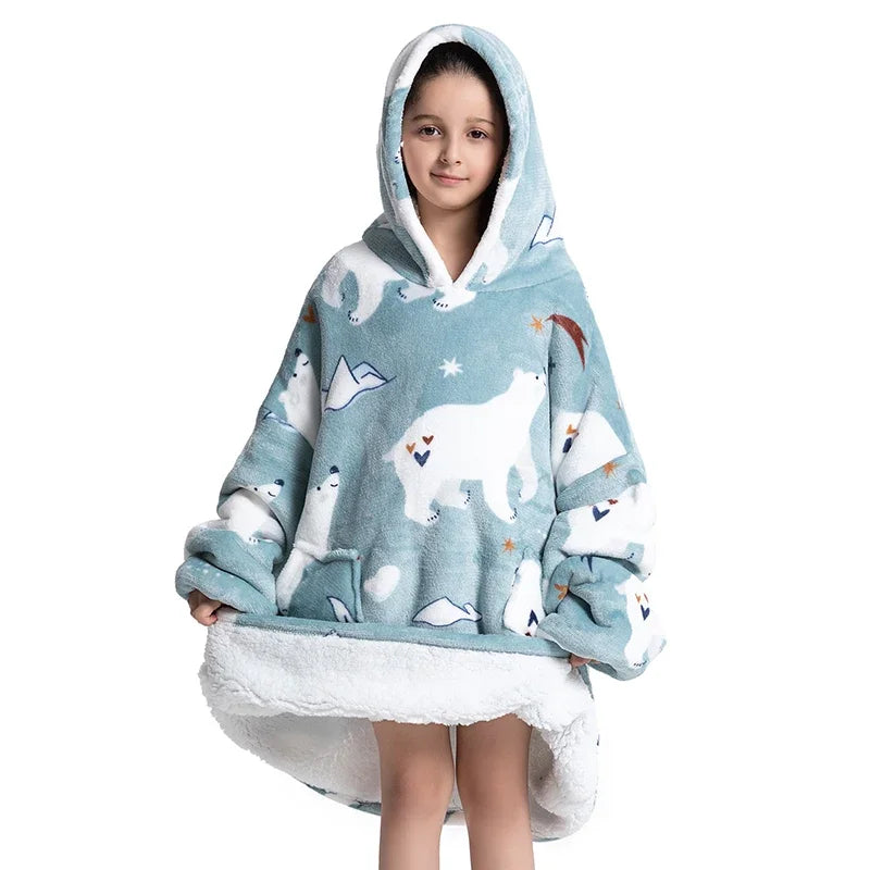 Oversized Wearale Blanket Hoodie Flannel Sherpa Fleece Warm Soft Winter Hoodie Sweatshirt for Kids Adults Snuggle