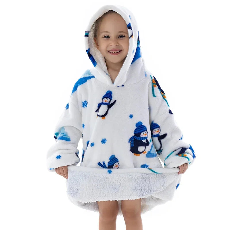 Oversized Wearale Blanket Hoodie Flannel Sherpa Fleece Warm Soft Winter Hoodie Sweatshirt for Kids Adults Snuggle