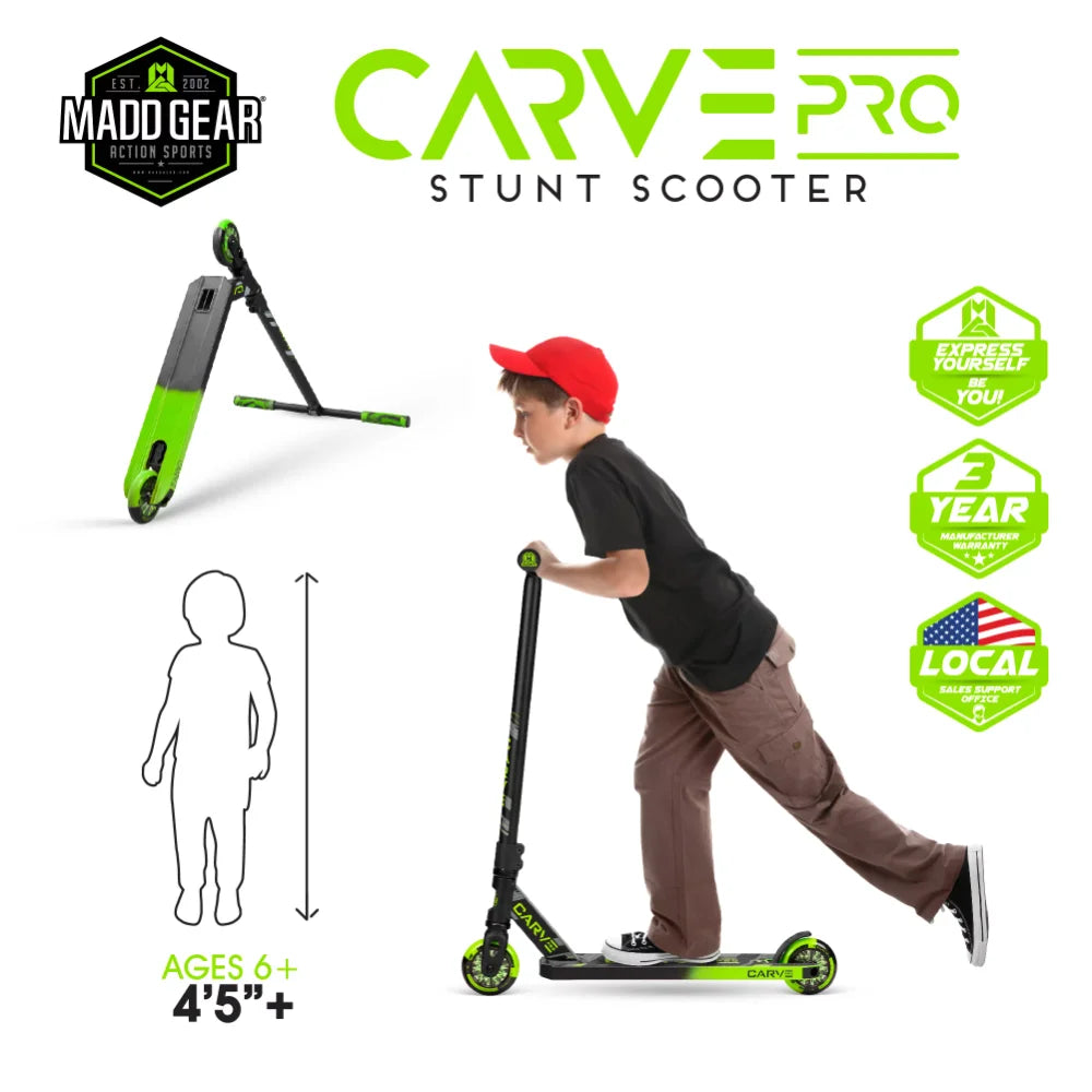 Madd Gear Carve Pro Freestyle Stunt Scooter - Strong Lightweight Aluminum Deck for Beginner 6 Yrs +